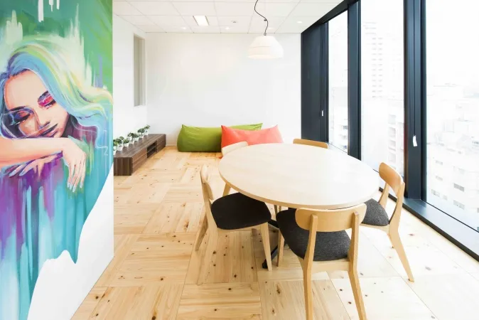 A room with a mural