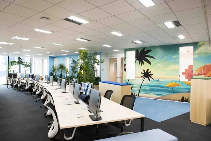 Desks and a painted wall