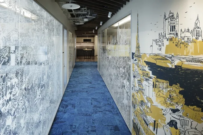 A corridor of city drawings