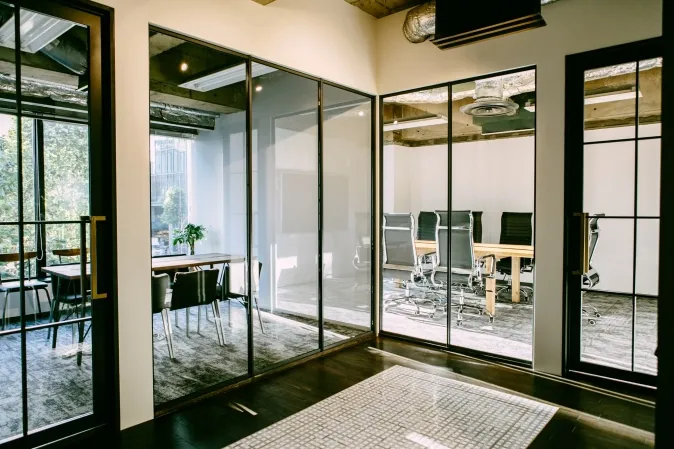 Glass-walled meeting rooms
