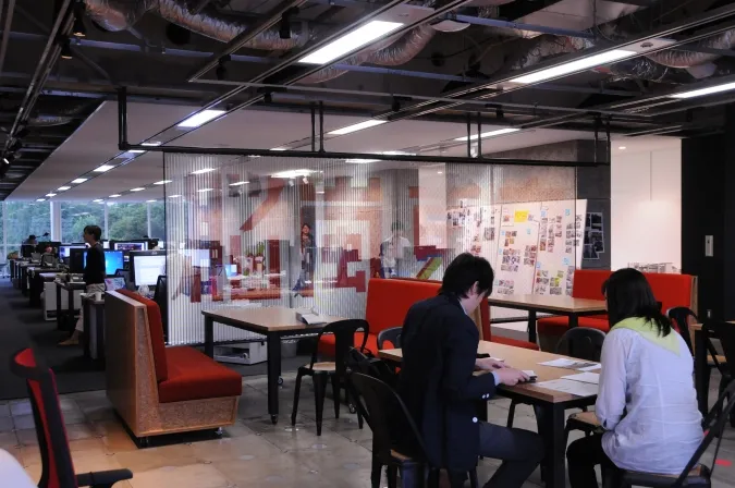 Red booths in the Tokyo studio