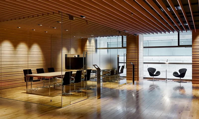 The wood-toned lounge
